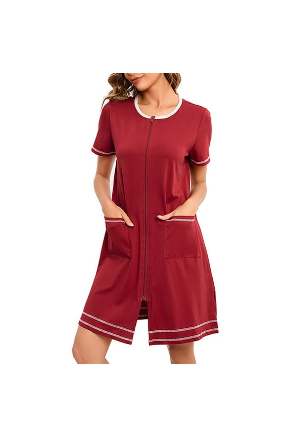 Ladies Robes with Pockets Zip Front Lightweight Bed Jackets Casual Red Solid Women's Sleepwear