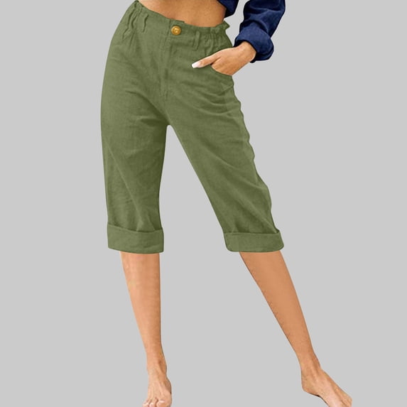 ALLLIST Ladies Shorts Straight-Leg Mid Green 7/8th Solid Elastic with Pockets Comfy Palazzo Skorts for Girls 100%Cotton Palazzo XL