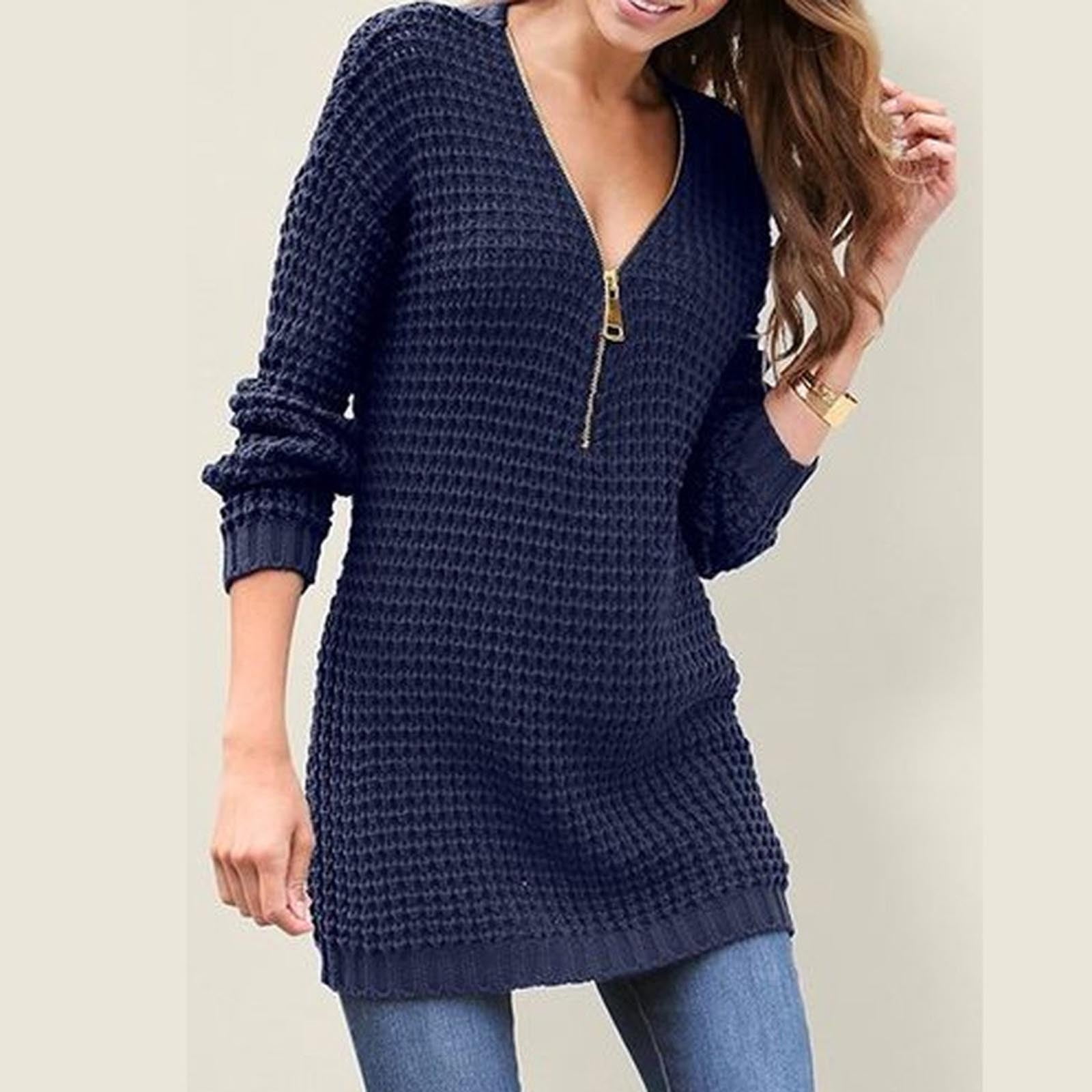 Exte Blue Cotton Top Pullover Deep V-neck Women Sweater main image 1