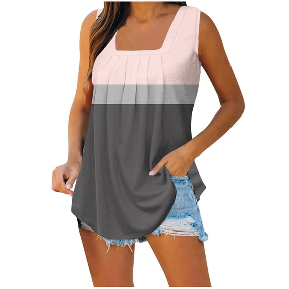 ALLLIST Ladies Tops Gray Geometric Pleated Square Neckline Sleeveless Tank Tops Tank Tops for Women XL