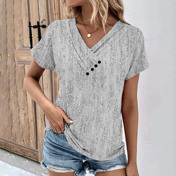 ALLLIST Ladies Tops Gray Short Sleeve V-Neck Graphic Embellished Button T-Shirts Womens Blouses Dressy Casual L