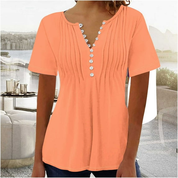 ALLLIST Ladies Tops Orange Short Sleeve Button V-Neck Flounce Solid T-Shirts Blouses for Women Dressy Casual M