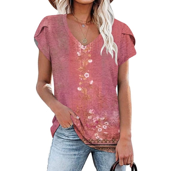 ALLLIST Ladies Tops Red Floral V-Neck Short Sleeve T-Shirts Blouse for Women L