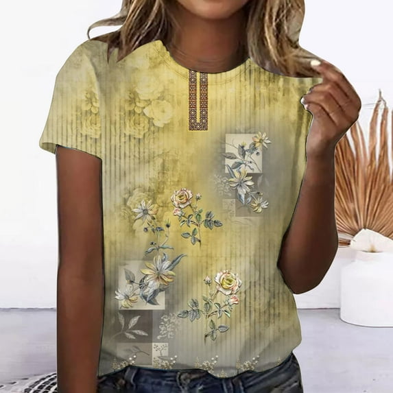 ALLLIST Ladies Tops Yellow Casual Short Sleeve Crew Neck Floral T-Shirts Blouses & Button-Down Shirts L