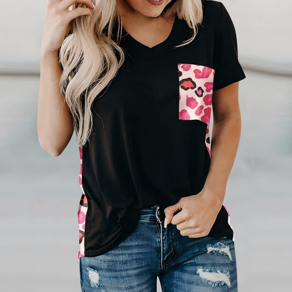 ALLLIST Leopard Print Women's Tops V Neck Short Sleeve Tee Shirts Summer Fashion Blouse Ladie's Tops