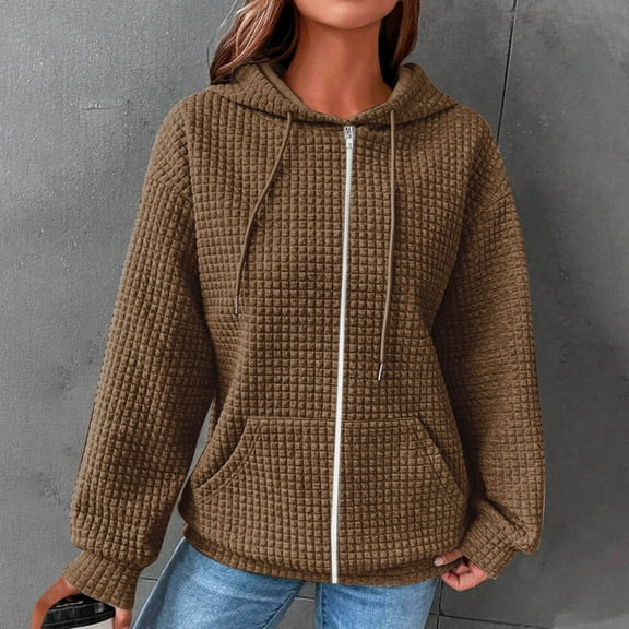 ALLLIST Long Sleeve Hoodies Women Zip up Waffle Knit Sweatshirts Brown Comfortable Loose Plain Coat Ladies Hoodies