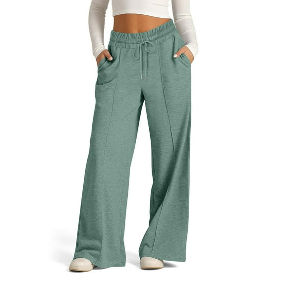 ALLLIST Loose Fit Women's Pants Wide Leg Knit Pants Elastic Waist Plain Green Lounge Pants Women