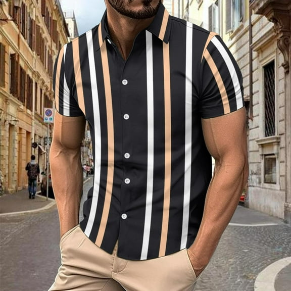 ALLLIST Men Shirts Collared Casual Short Sleeve Button Down Shirts Black Striped Men's Clothes