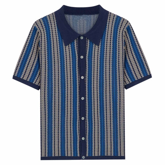 ALLLIST Men Shirts Collared Short Sleeve Button Down Shirts Knited Striped Blue Men's Clothes
