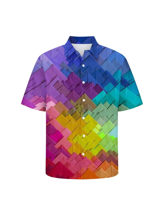 Men Shirts Collared Short Sleeve Casual Button Down Shirts Rainbow Men's Clothing