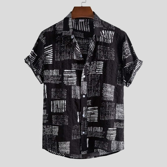 ALLLIST Men Shirts Collared Short Sleeve Hawaiian Button Down Shirts Black Casual Mens Clothes
