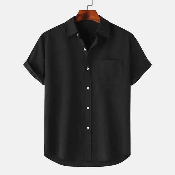 ALLLIST Men Shirts Collared Short Sleeve with Pockets Button Down Shirts Black Casual Solid Mens Clothes