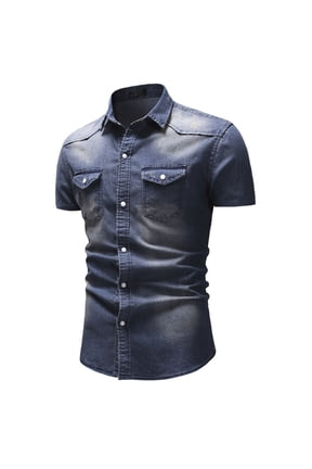 Men Shirts Short Sleeve with Pockets Cowboy Big And Tall Button Down Shirts Blue Plain Casual Mens Clothes