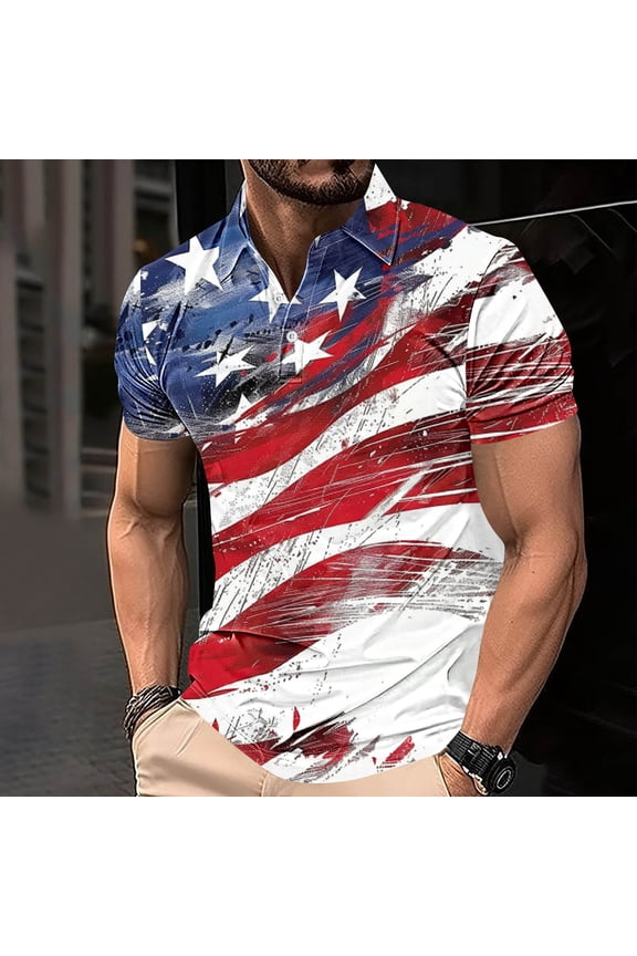 Men Tops Collared Short Sleeve Red Independence Day Casual Pullover T-Shirts Printed Button Tee for Man