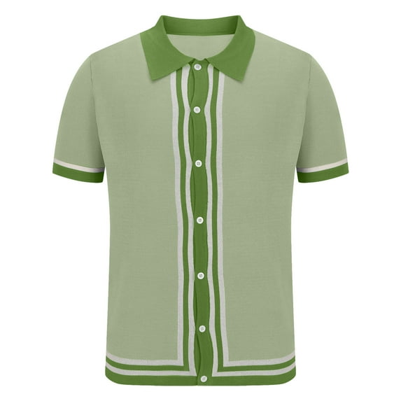 ALLLIST Men Tops Short Sleeve Green Collared Striped Polo Button T-Shirts Casual Shirts for Men