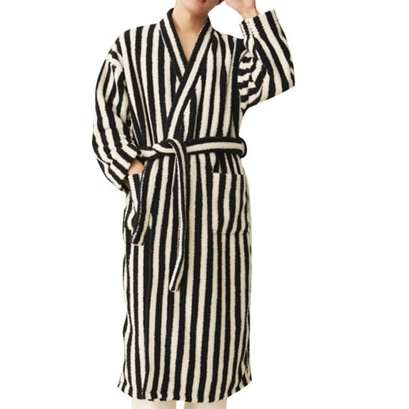 ALLLIST Men's Pajamas Long Sleeve with Pockets Big And Tall Flannel Black Robes Comfy Striped Bathrobes Mens Pajamas L-2XL