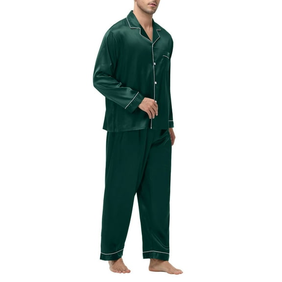 ALLLIST Men's Pajamas Set Big And Tall Silk Sleepwear Solid Green Long Sleeve Tops & Bottom Button Down Pajamas for Men S-2XL