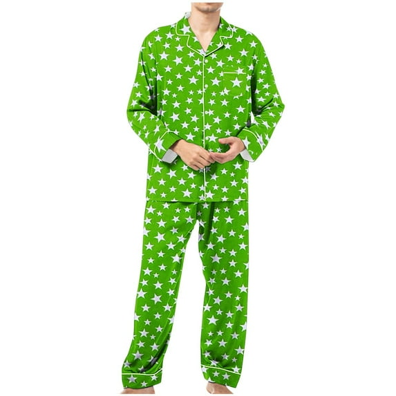 ALLLIST Men's Pajamas Set Collared Sleepwear Green Long Sleeve Tops & Bottom Pjs Sets Stars Above Pajamas Men S-3XL