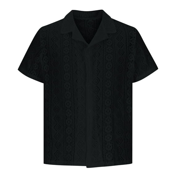 ALLLIST Men's Shirts Black Short Sleeve Collared Button Down Shirts Breathable Cutout Plain Mens Clothing