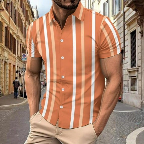 ALLLIST Men's Shirts Short Sleeve Collared Casual Button Down Shirts Striped Orange Men's Clothes