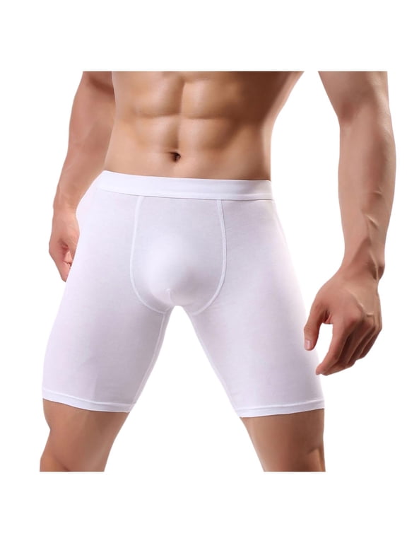 Mens Boxer Briefs Cotton Long Leg Underwear Plain Stretch White High Cut Underpants for Men ,M-2XL