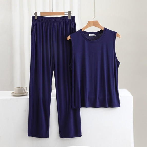 ALLLIST Mens Pajamas Set Big And Tall Crew Neck Sleepwear Sleeveless Tops & Bottom Blue Plain Pjs Sets Pajamas Men 3XL-6XL