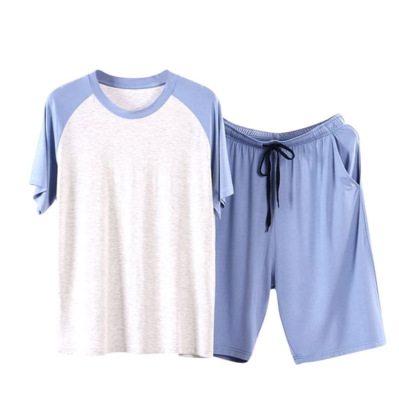 ALLLIST Mens Pajamas Set Crew Neck Sleepwear Short Sleeve Tops & Bottom Color Block Blue Pjs Sets Mens Pajamas L-4XL