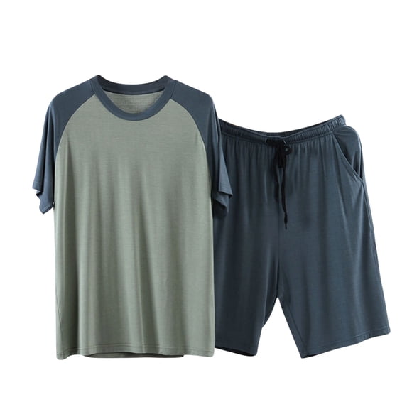 ALLLIST Mens Pajamas Set Crew Neck Sleepwear Short Sleeve Tops & Bottom Color Block Green Pjs Sets Teens Pajamas L-4XL
