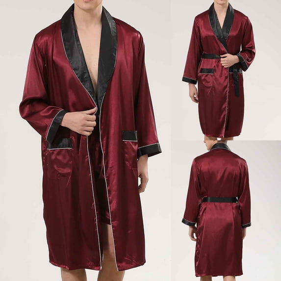ALLLIST Mens Pajamas Set Satin Silk Sleepwear Long Sleeve Robes & Bottom Red Color Block Pjs Sets Men's Pajamas S-3XL