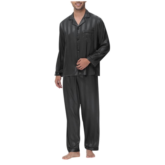 ALLLIST Mens Pajamas Set Silk Sleepwear Black Long Sleeve Tops & Bottom Striped Button Down Teens Pajamas S-2XL