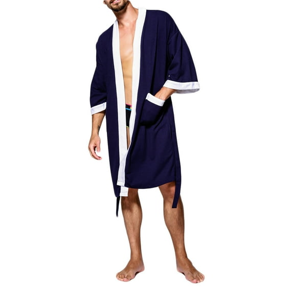 ALLLIST Mens Pajamas with Pockets 3/4 Sleeve Blue Robe Color Block Soft Bathrobes Men's Pajamas S-XL