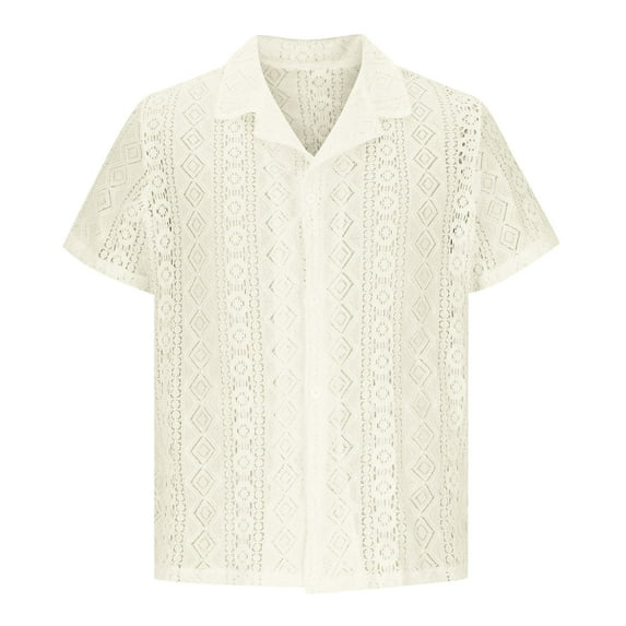 ALLLIST Mens Shirts Collared Beige Short Sleeve Button Down Shirts Cutout Plain Breathable Men's Clothing