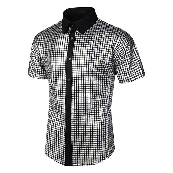 ALLLIST Mens Shirts Short Sleeve Collared Button Down Shirts Gray Sequin Color Block Mens Clothes