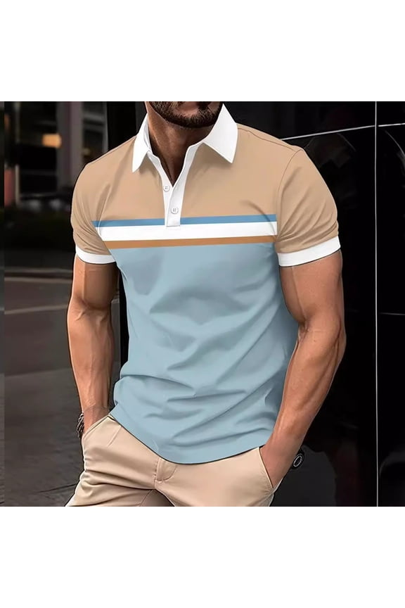 Mens Spring Tops Yellow Collared Short Sleeve Striped T-Shirts Casual Polo Button Mans Tees