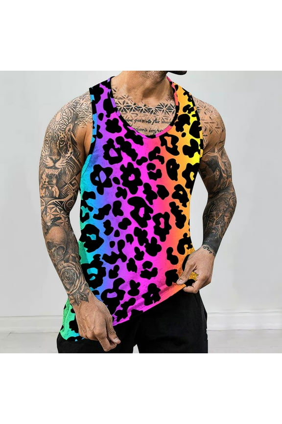 Mens Tank Tops Summer Sleeveless Pullover Casual Leopard Print Shirts for Men Size S-4XL
