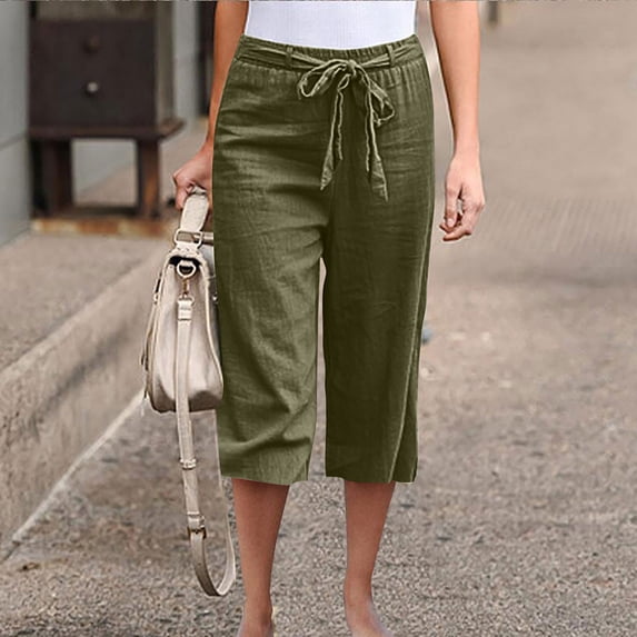 ALLLIST Mid Shorts for Women Green Ankle Straight-Leg Solid Trousers Elastic with Pockets Womens Skorts 100%Polyester Trousers XL