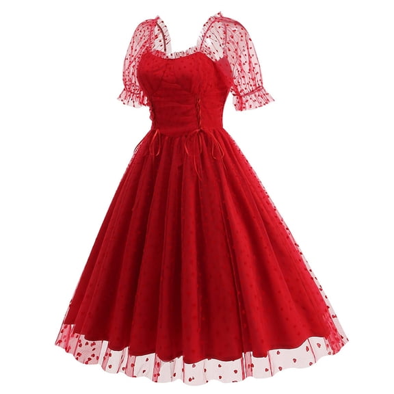 ALLLIST Midi Dresses for Ladies Red Mesh A Line Love Heart Elegant Evening Gown Teens Dresses Size S-2XL