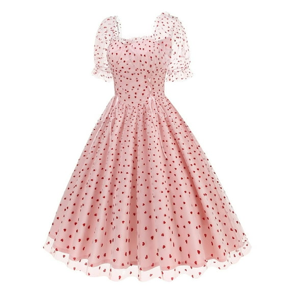 ALLLIST Midi Women Dresses Pink Mesh A Line Elegant Love Heart Evening Gown Outfits for Women Size S-2XL