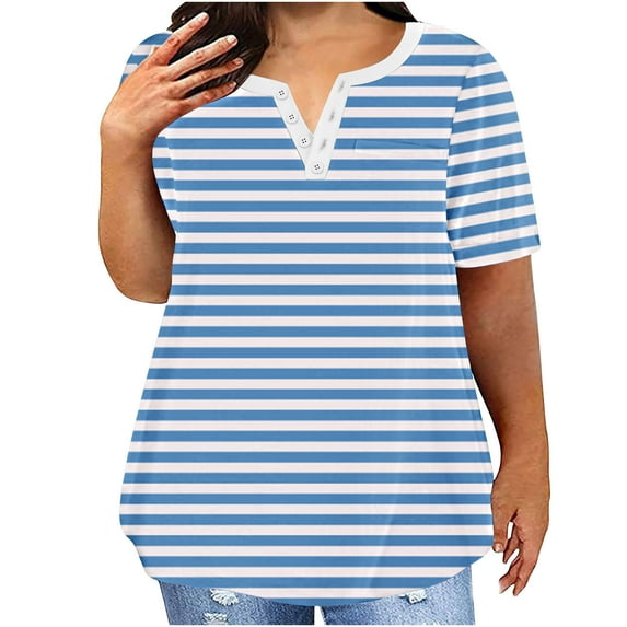 ALLLIST Notch Neck Spring Tops for Women 2024 Blue Striped Short Sleeve Button T-Shirts Casual Oversized Women Blouses