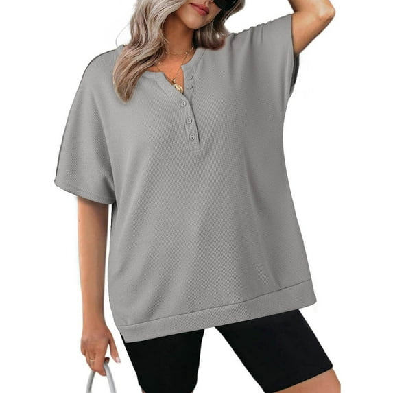 ALLLIST Notch Neck Womens Tops Summer Gray Short Sleeve Solid Button T-Shirts Casual Blouse for Women