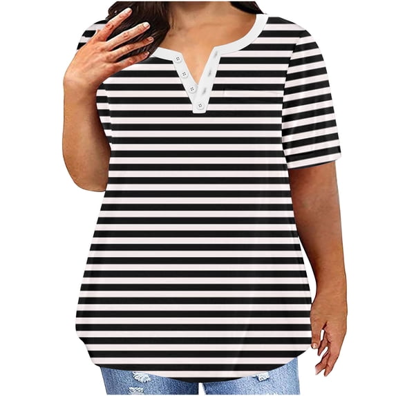 ALLLIST Notch Neck Womens Workout Tops Short Sleeve Black Striped Button T-Shirts Casual Oversized Womens Shirts Under $5