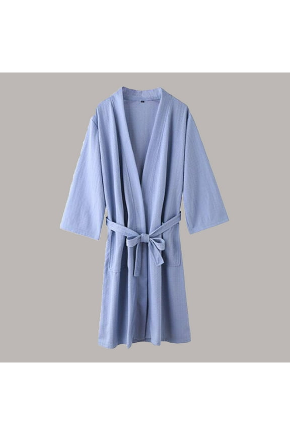 Pajamas Men Long Sleeve Waffle Knit with Pockets Blue Robe Comfortable Solid Bathrobes Pajamas for Teens M-3XL