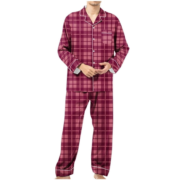 ALLLIST Pajamas Men Set Big And Tall Collared Sleepwear Long Sleeve Tops & Bottom Purple Plaid Button Down Mens Pajamas S-3XL