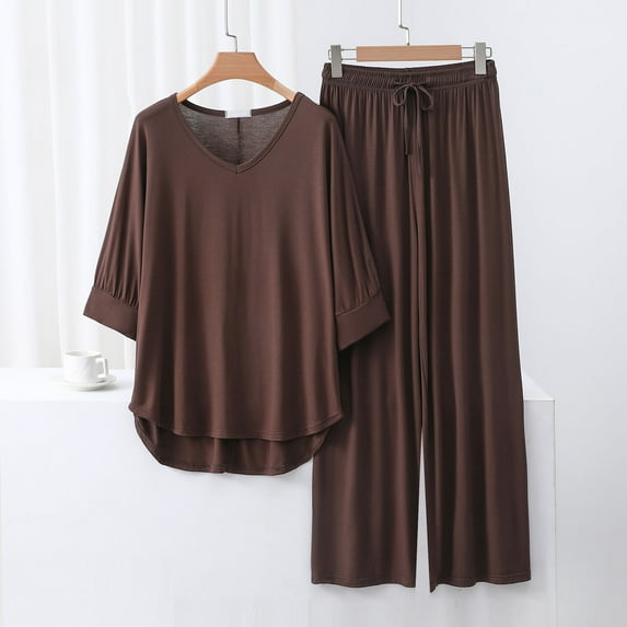 ALLLIST Pajamas Women Long Sleeve Notch Neck Modal Tops And Pants Sets Solid 2PC Brown Soft Sleepwear Ladies
