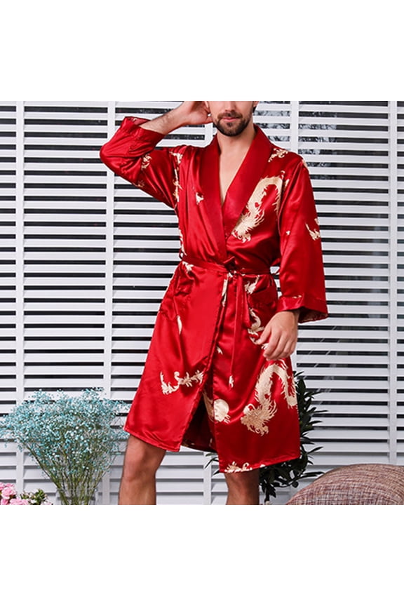 Pajamas for Men Long Sleeve Big And Tall Silk with Pockets Red Robes Dragon Print Comfy Bathrobes Teen's Pajamas M-5XL