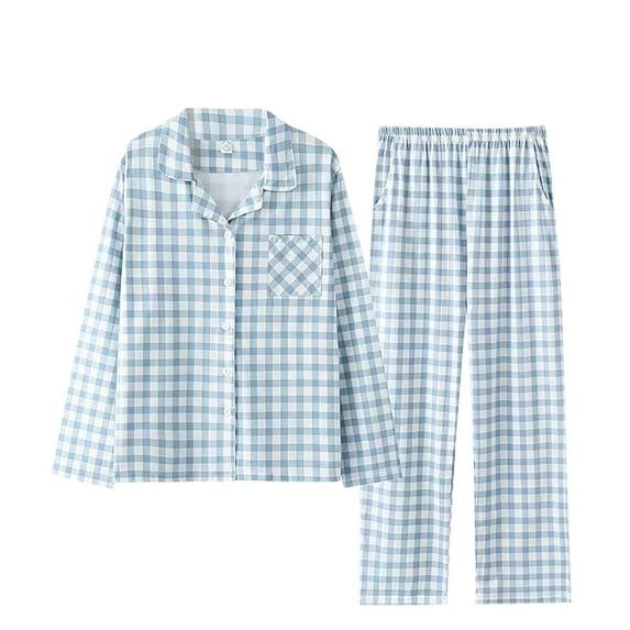 ALLLIST Pajamas for Men Set Big And Tall Cotton Sleepwear Plaid Long Sleeve Tops & Bottom Blue Button Down Teen's Pajamas M-3XL