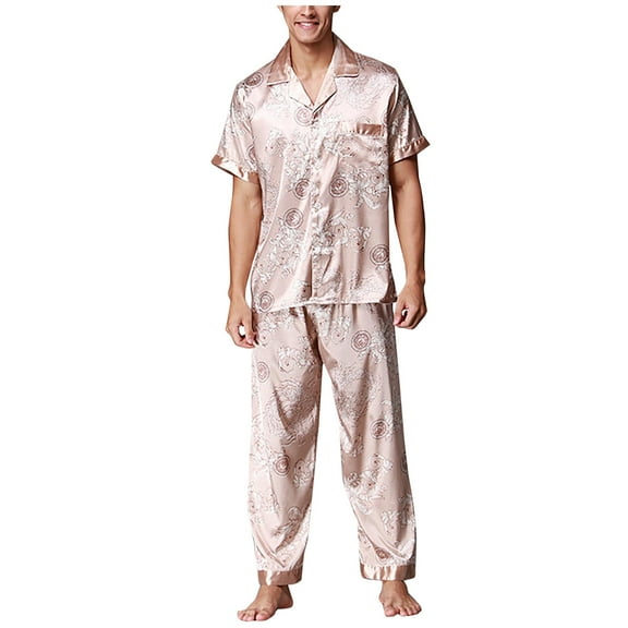 ALLLIST Pajamas for Men Set Big And Tall Satin Silk Sleepwear Dragon Print Beige Short Sleeve Tops & Bottom Pjs Sets Teens Pajamas L-3XL