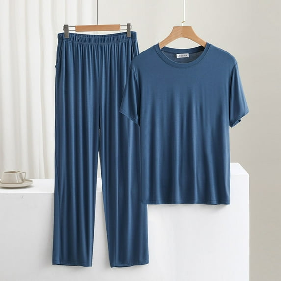 ALLLIST Pajamas for Men Set Crew Neck Big And Tall Sleepwear Short Sleeve Tops & Bottom Blue Plain Pjs Sets Pajamas Men 3XL-6XL