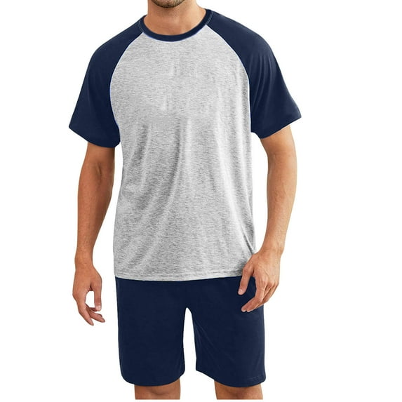 ALLLIST Pajamas for Men Set Crew Neck Sleepwear Blue Short Sleeve Tops & Bottom Color Block Pjs Sets Pajamas Men L-6XL