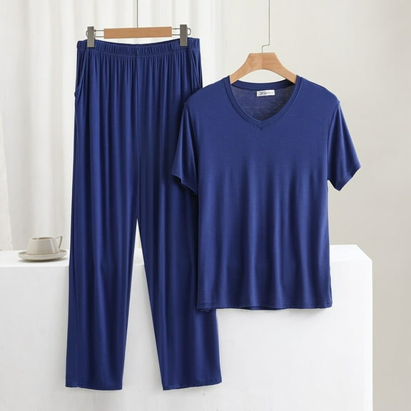ALLLIST Pajamas for Men Set Notch Neck Big And Tall Sleepwear Blue Short Sleeve Tops & Bottom Plain Pjs Sets Men's Pajamas 3XL-6XL